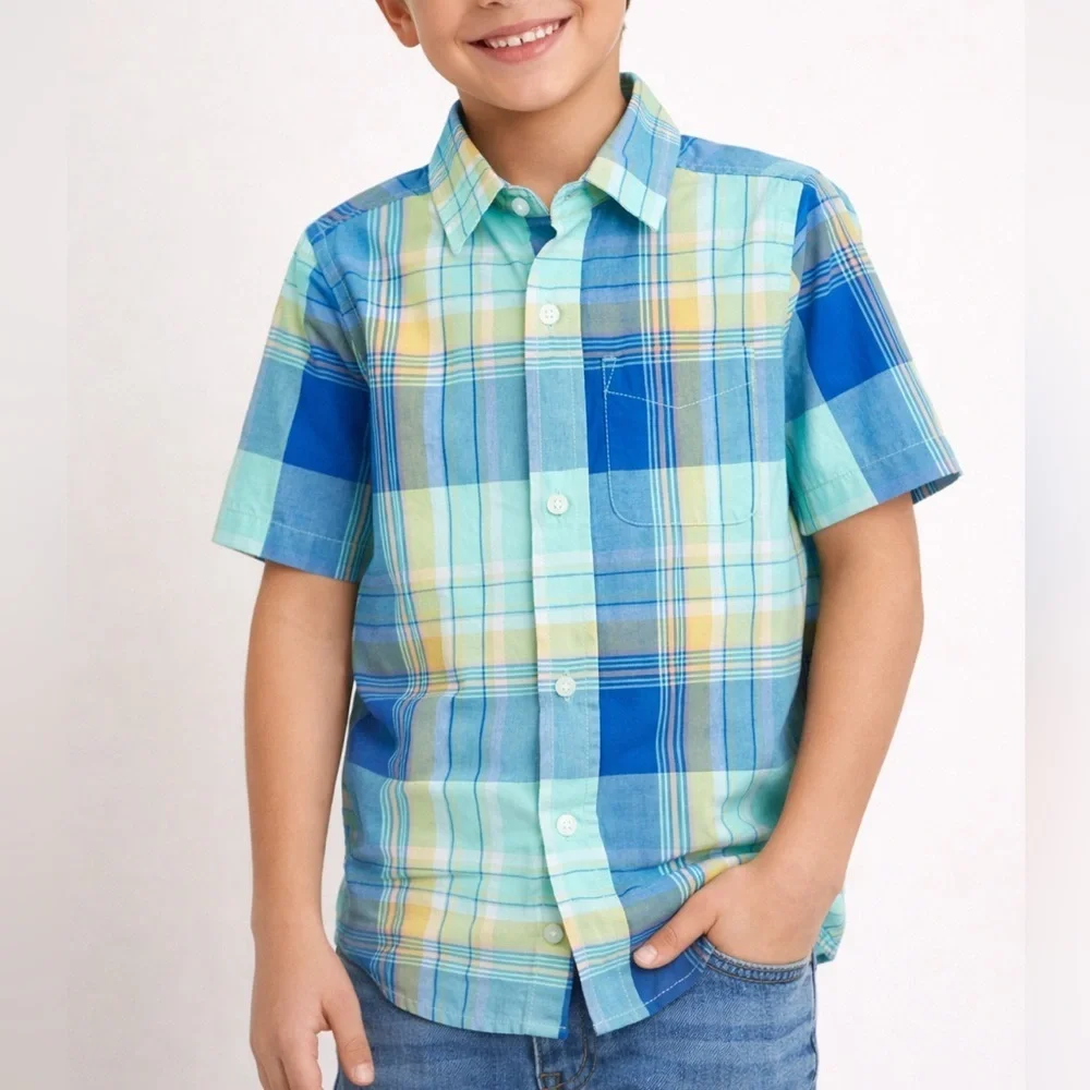 The Children's Place Boys Plaid Poplin Button Shirt-Aqua (1189)